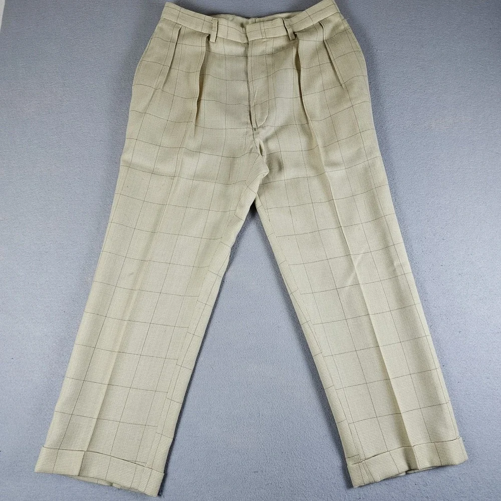 VTG Polo Ralph Lauren Pants Mens 31x26 Beige Windowpane Wool Pleated Cuffed USA